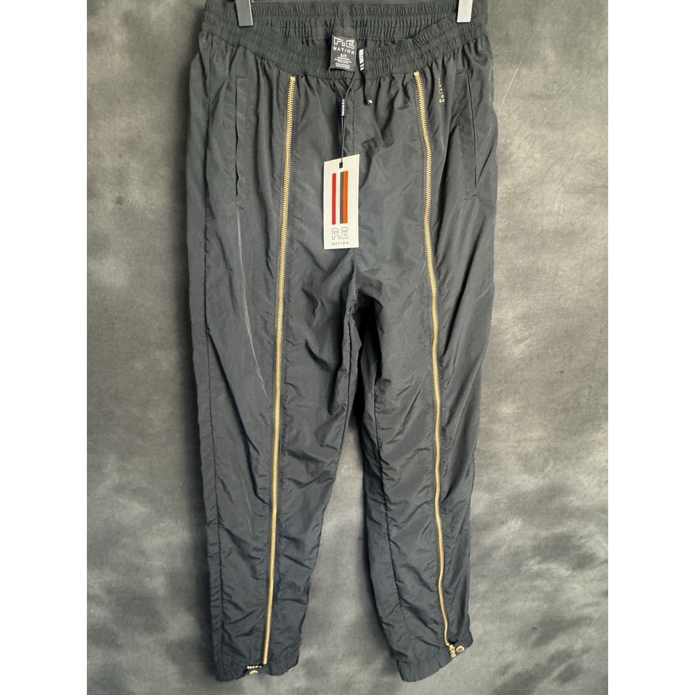 P.E Nation Black Track Pants Joggers Gold Zipper Small Streetwear Athletic Gym